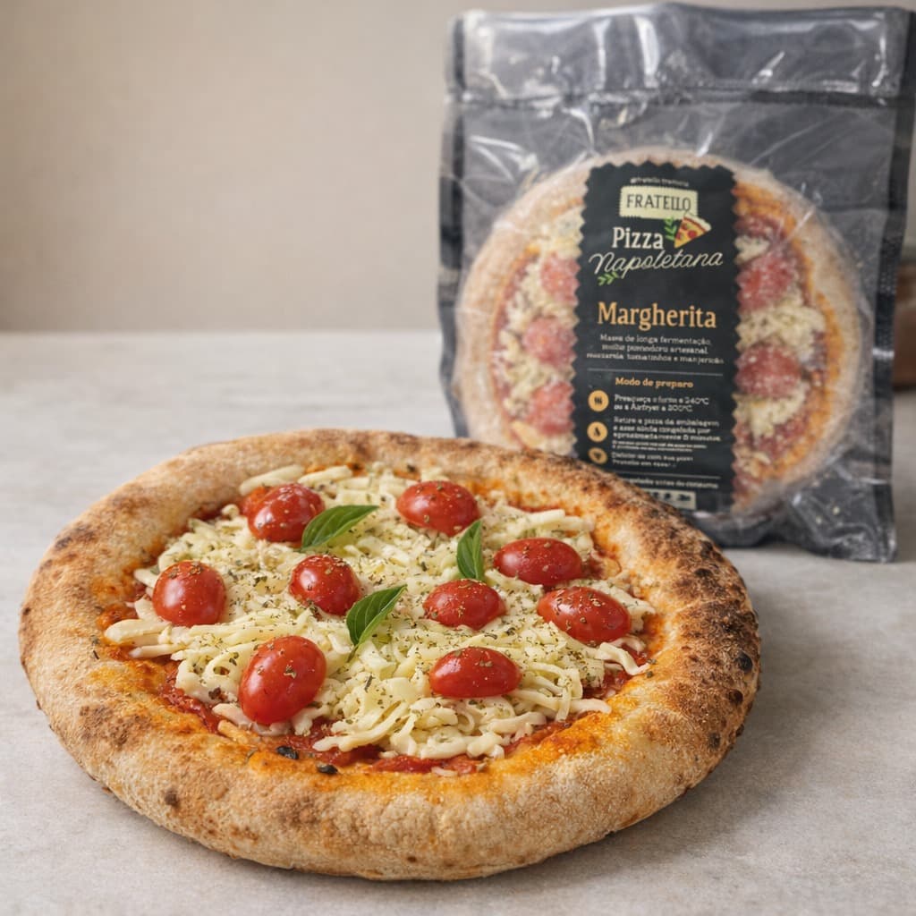 Pizza napoletana artesanal da Fratello, com borda leopardada e manjericão fresco